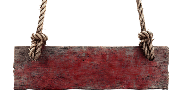 Old red horror wooden sign with rough texture and ropes, isolated on transparent cutout background