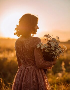 Romantic woman in lace dress holding flower bouquet in evening sunlight