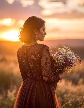 Elegant woman in embroidered gown holding wildflowers at sunset glow