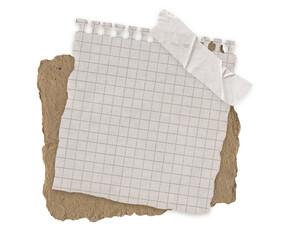 Vintage Grid Notebook Paper with Torn spiral edge. Aged blank sheet with tape and scrap texture on craft background for scrapbooking, journal, collage and creative design isolated