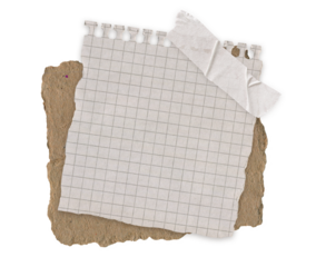 Vintage Grid Notebook Paper with Torn spiral edge. Aged blank sheet with tape and scrap texture on craft background for scrapbooking, journal, collage and creative design isolated