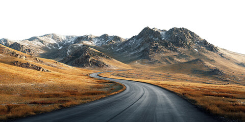 Curved mountain road through dry grass valley, isolated on transparent cutout background