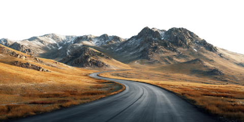 Curved mountain road through dry grass valley, isolated on transparent cutout background