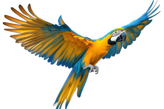 A vibrant blueandgold macaw soars gracefully, isolated on transparent background, its wings fully extended, showcasing the stunning contrast of its plumage in midflight