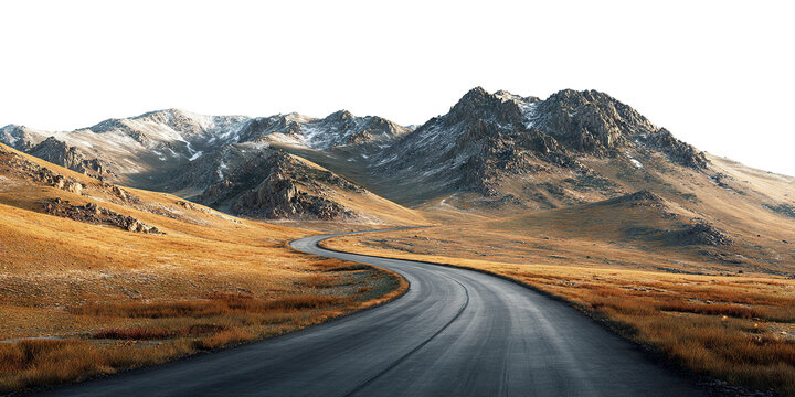 Curved mountain road through dry grass valley, isolated on transparent cutout background - Powered by Adobe