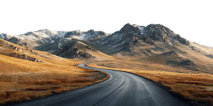 Curved mountain road through dry grass valley, isolated on transparent cutout background