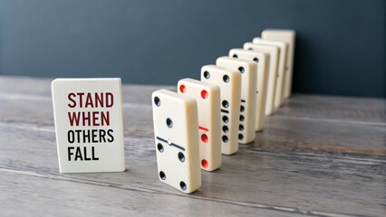 Fototapeta na wymiar Domino line with one remaining block standing in a wooden setting