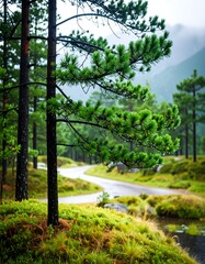 Obraz premium Winding road through a lush forest after rain