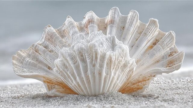 Detailed close up of a white seashell on textured sand background