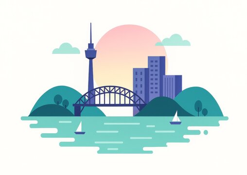 Sunset City Bridge with Sailboats &ndash; Minimal Vector Landscape