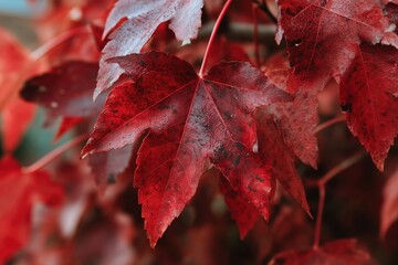 Red maple leaves in autumn close up with natural texture
