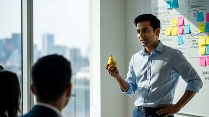 Pear Presentation Pitch: A businessman holds a pear while presenting ideas to colleagues in front of a whiteboard with sticky notes in a modern office setting.