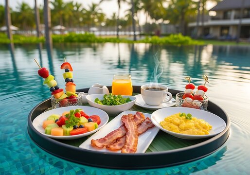 Floating Breakfast Tray in Tropical Pool - Luxurious Vacation Indulgence.