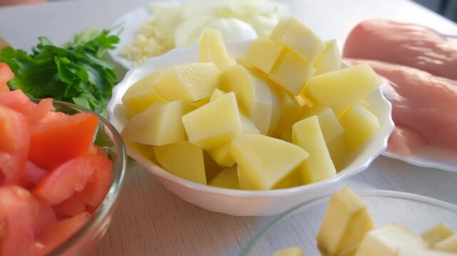 Chef woman hands arranging diced potatoes in bowl for cooking on kitchen. Culinary skills techniques, homemade preparing healthy meal, cook domestic food dish vegetables cuisine, fresh ingredients.
