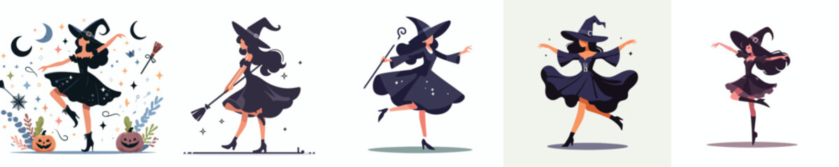 vector of a woman in a witch costume dancing at a Halloween celebration