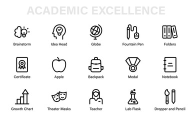 Academic Excellence Icon Set featuring education, science, teaching, creativity, awards, stationery, and global learning symbols for school and knowledge projects