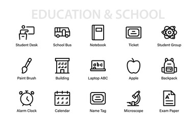 A versatile collection of education icons featuring exam paper, school bus, student desk, backpack, laptop, art brush, and more learning essentials.