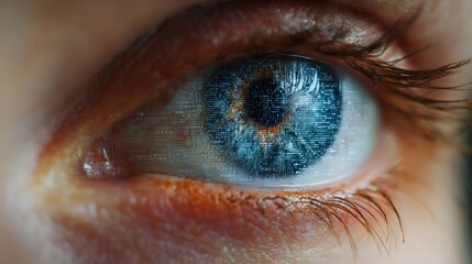 A person's eye, with a complex digital data pattern reflected in the iris. Technology, identity, surveillance concept. 