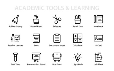 Academic Tools & Learning Icons – Education vector set featuring lab flask, test tube, presentation board, teacher lecture, books, and stationery items.