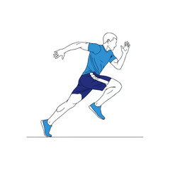 Male athlete sprinting, side view, blue and white outline