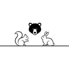Black and white animal icons: bear, squirrel, and rabbit