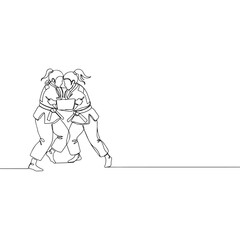 Two judo athletes grappling in continuous line art on white