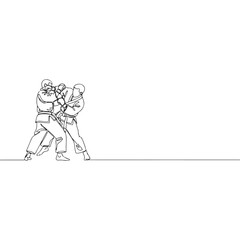 Two judo athletes in a grappling match, single line art