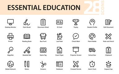 Essential Education Icons Pack featuring books, pencils, rulers, school bus, lab flask, paint palette, projector, printer, and study tools for learning design