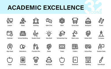 Academic Excellence Icon Set featuring education, school, study, classroom, university, learning, research, graduation, scholarship, creativity, and teaching icons