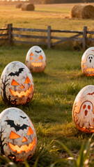 Egg-shaped lanterns carved with ghost and bat faces, glowing from within.  Grassy farm field with hay bales and wooden fence blurred in background.
