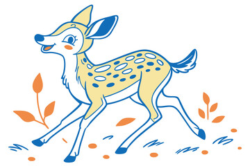 Cartoon Fawn on White Background Running with Spots and Blue Outlines Art