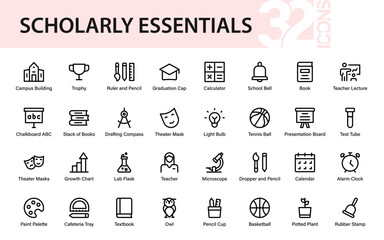 Scholarly Essentials Icon Set featuring education, science, art, sports, and classroom symbols for learning, research, teaching, and academic creativity