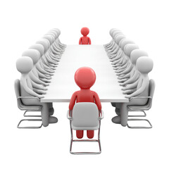 Red leader at head of conference table with attendees