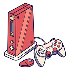 Red video game console with joystick and controller © rabby