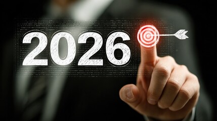 Future goals are reached with focus, a person points to the year 2026 with purpose during a strategic planning session