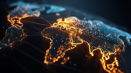 Abstract visualization of a secure global network, with glowing data packets flowing between continents on a dark world map. Cybersecurity, global communication