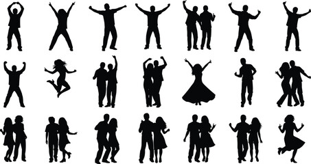 Dancing people silhouette, joyful movement, celebration pose, jumping figures, festive vector art, black outline, cad drawing flat vector illustration