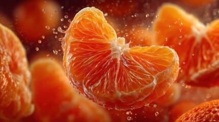 Fresh citrus segments dance in a burst of droplets highlighting their vibrant color and juicy texture