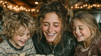A family wearing matching pajamas and laughing while baking cookies in a brightly lit, modern kitchen, flour dusted on their faces, genuine moment of joy and togetherness