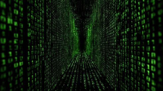 Digital corridor filled with cascading green binary code representing virtual reality and cyber themes at an abstract setting