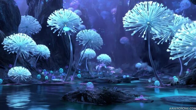 Mystical illuminated dandelions in a surreal landscape glowing blue