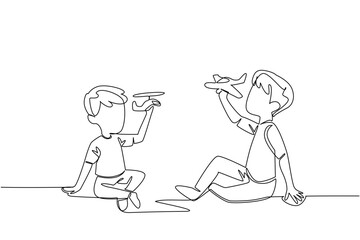 Single continuous line drawing two brothers sitting and playing together on the floor. Playing the same game because of the same toy hobby. Happy. Day of Brother. One line design vector illustration
