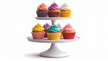 A realistic cupcake stand with three tiers, colorful cupcakes placed neatly isolated on white background
