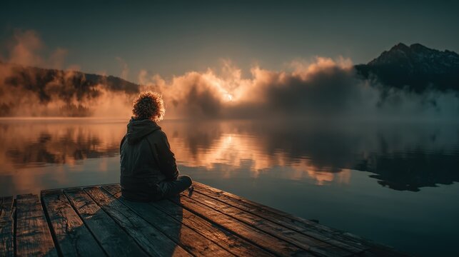 A lone person seen from behind, sitting in a meditation pose on a wooden deck overlooking a misty lake on a crisp November morning, steam rising from their breath, peaceful and serene