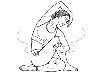 Woman practicing a seated side bend yoga pose for spinal flexibility. Black and white line art illustration for wellness, fitness, and a healthy lifestyle concept.

