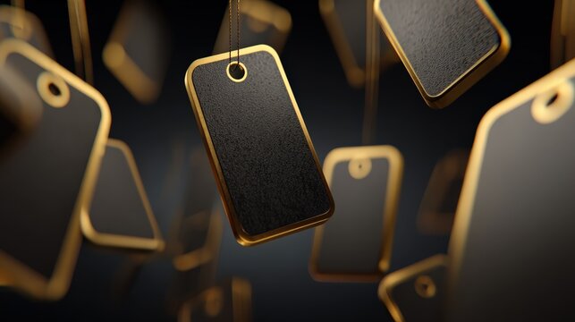 Black Friday abstract price tags composition, floating matte tags, gold foil edges, soft spotlight, dramatic shadows, premium retail mood, copy space center 