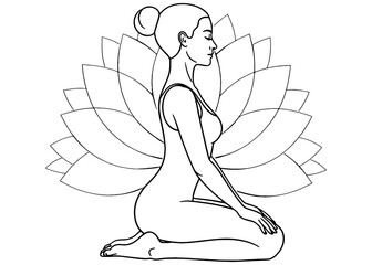 Woman in Vajrasana, a kneeling yoga pose for meditation, with a lotus flower. Minimalist line art for spiritual wellness, mindfulness, and inner peace concept.


