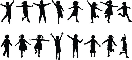 Silhouette collection of active children jumping, running, playing, dancing with arms raised, isolated on white background, joyful kids figures, fun childhood vector illustration