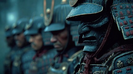 Historical samurai warriors stand ready in traditional armor during a ceremonial event in a misty forest setting