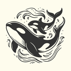 Powerful orca whale illustration in splashy waves, monochrome engraving style marine wildlife artwork.
